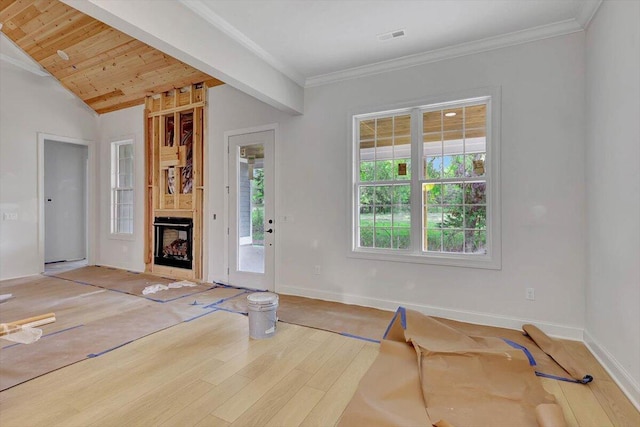 foyer entrance with wooden ceiling, wood-type flooring, lofted ceiling, and crown molding