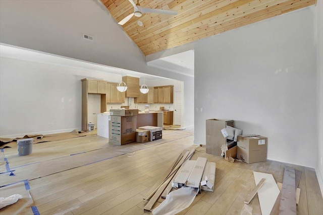 living room featuring ceiling fan, wood ceiling, light hardwood / wood-style floors, and high vaulted ceiling