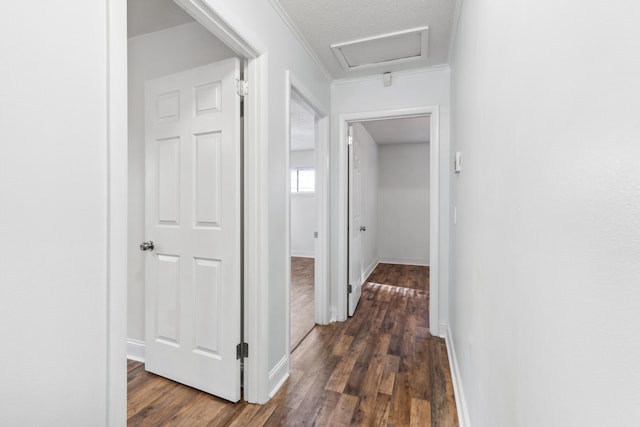 corridor featuring a textured ceiling, dark hardwood / wood-style floors, and crown molding