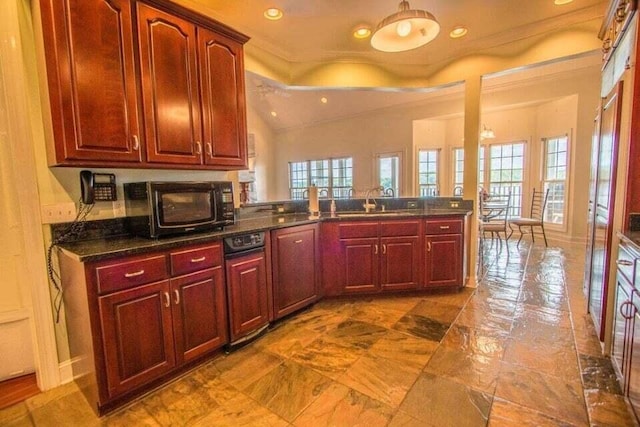 kitchen featuring plenty of natural light, sink, kitchen peninsula, and crown molding