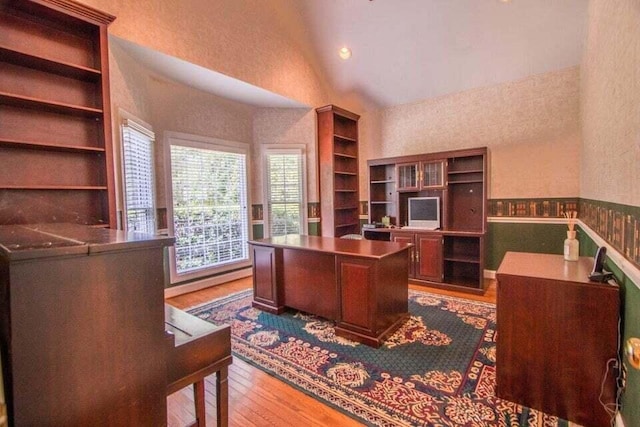 office featuring lofted ceiling and light hardwood / wood-style flooring