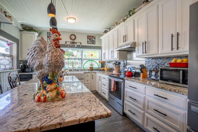 kitchen featuring appliances with stainless steel finishes, dark wood-type flooring, white cabinetry, and decorative light fixtures