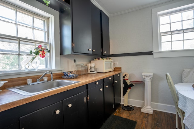 kitchen with dark cabinetry, ornamental molding, dark wood finished floors, a sink, and white microwave