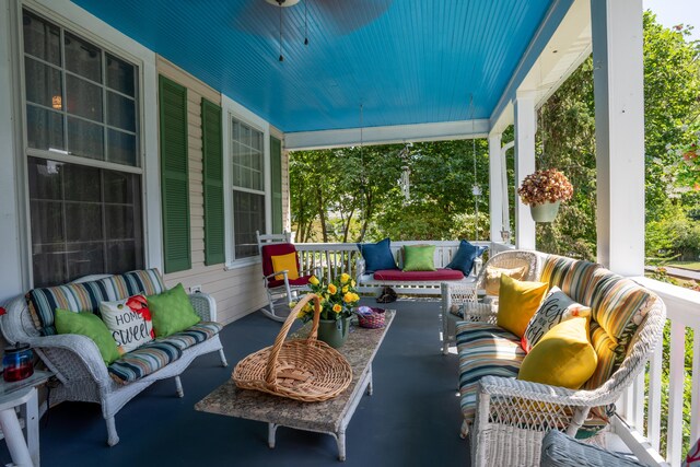 view of patio / terrace featuring an outdoor hangout area and a porch