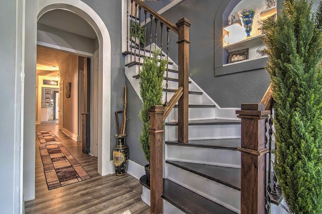 stairs with hardwood / wood-style flooring