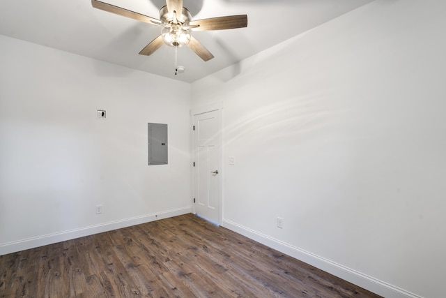 empty room featuring electric panel, dark hardwood / wood-style flooring, and ceiling fan