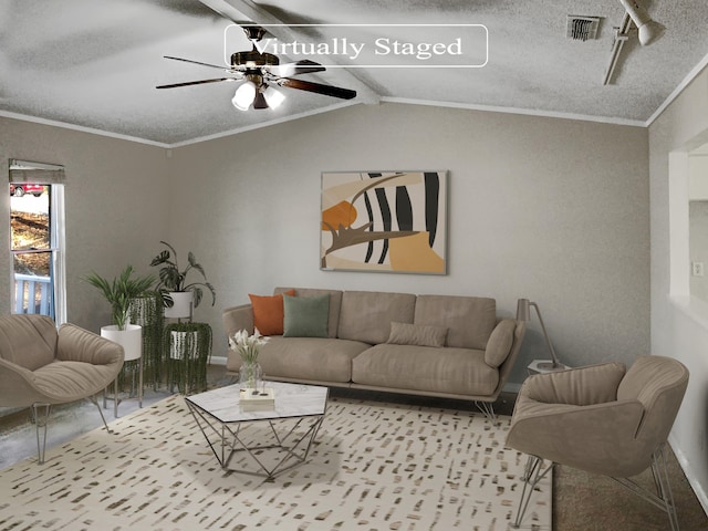 living room with lofted ceiling, crown molding, ceiling fan, and a textured ceiling