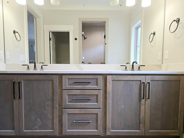 bathroom featuring a shower and vanity