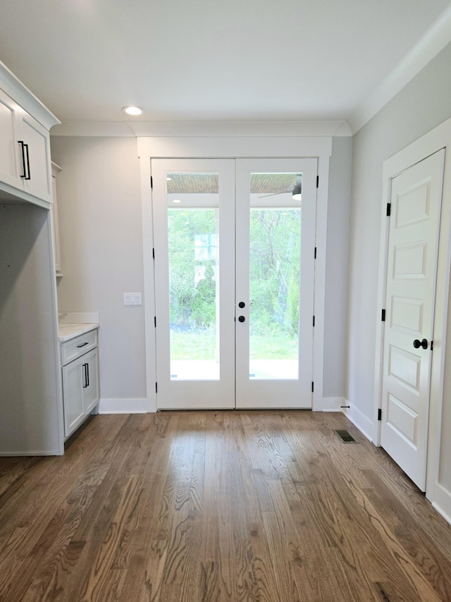 3297 Grassland Cir Unit 7, Apison, TN 37302 - doorway to outside with visible vents, baseboards, recessed lighting, dark wood-type flooring, and french doors