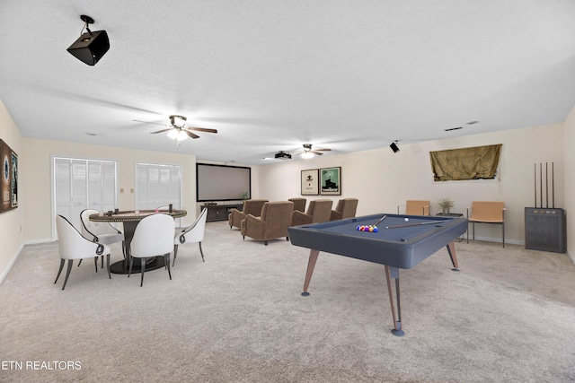 playroom featuring ceiling fan, light colored carpet, a textured ceiling, and pool table