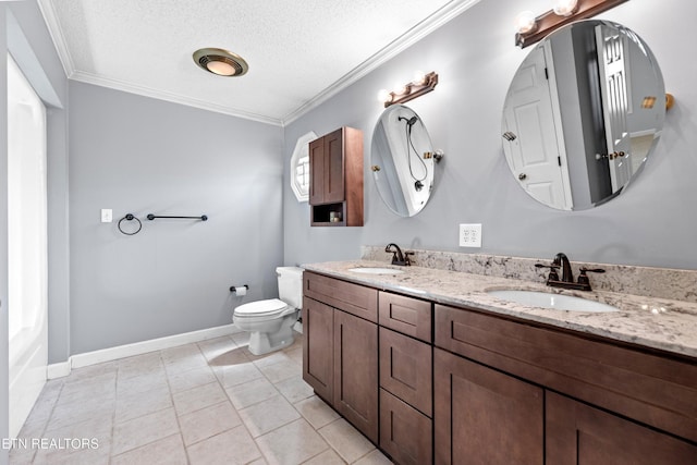 bathroom with tile patterned flooring, crown molding, a textured ceiling, toilet, and vanity