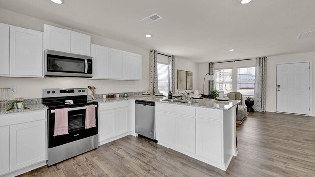 kitchen featuring appliances with stainless steel finishes, sink, white cabinets, and kitchen peninsula