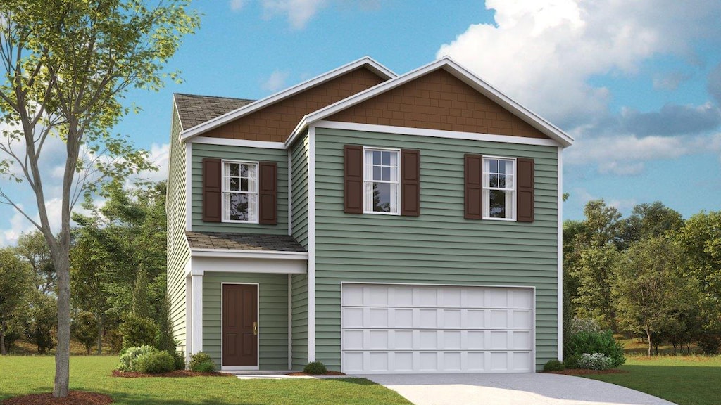 view of front facade with a garage and a front lawn