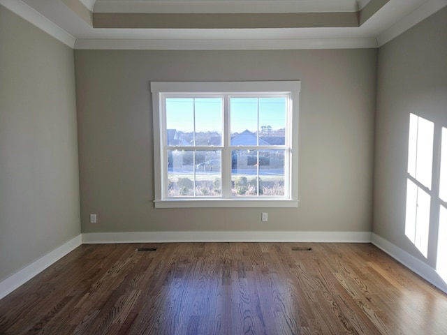 unfurnished room with crown molding, a raised ceiling, and wood-type flooring