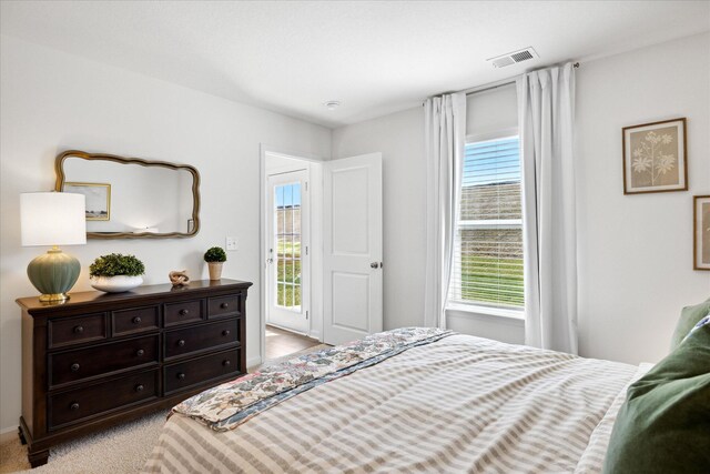 carpeted bedroom featuring multiple windows and access to exterior