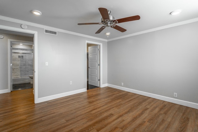 unfurnished bedroom featuring hardwood / wood-style floors, ceiling fan, connected bathroom, and ornamental molding