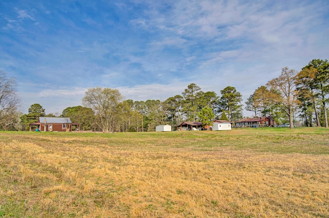 view of yard with a rural view and a storage unit