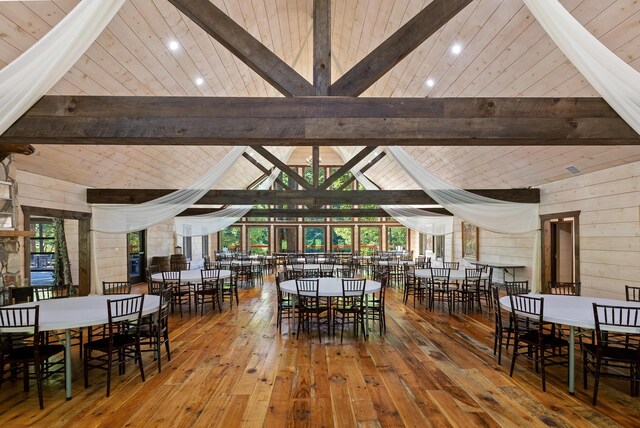 dining space featuring beamed ceiling, high vaulted ceiling, wooden walls, wood-type flooring, and wooden ceiling