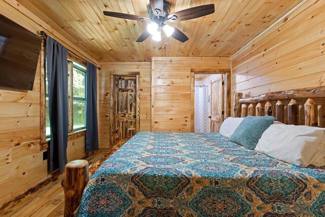 bedroom with wooden ceiling, hardwood / wood-style flooring, wood walls, and ceiling fan