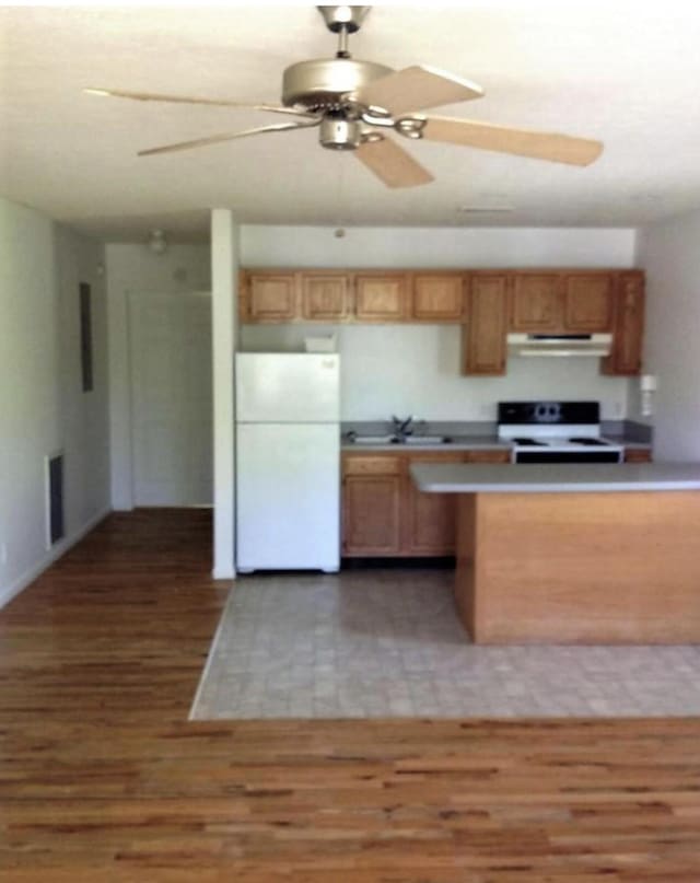 kitchen featuring white appliances, hardwood / wood-style floors, sink, and ceiling fan