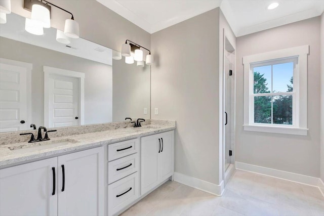 bathroom with tile patterned flooring, walk in shower, and vanity