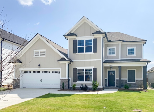 view of front of home with central air condition unit, a front lawn, a porch, and a garage