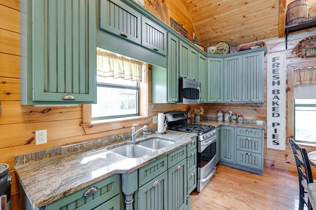 kitchen with plenty of natural light, stainless steel appliances, green cabinetry, and sink