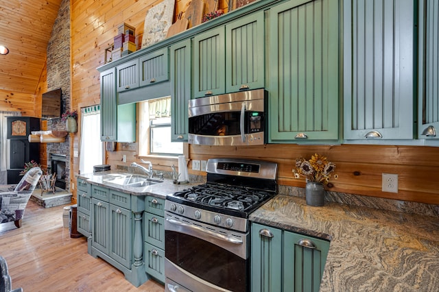 kitchen featuring stainless steel appliances, green cabinetry, and sink