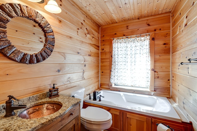 bathroom featuring vanity, wood walls, wooden ceiling, toilet, and a bathtub