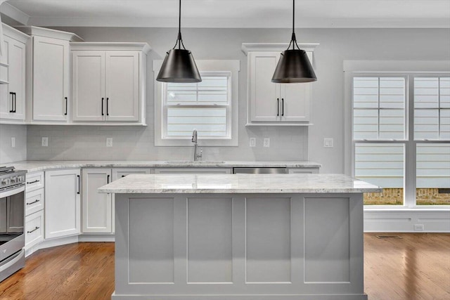 kitchen featuring white cabinets, hardwood / wood-style flooring, stainless steel range, and sink