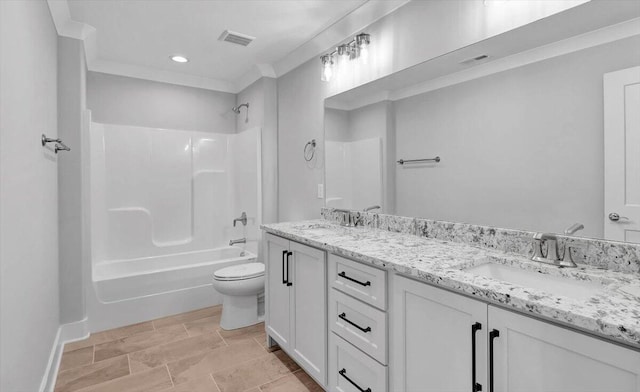 full bathroom featuring toilet, shower / washtub combination, ornamental molding, and vanity