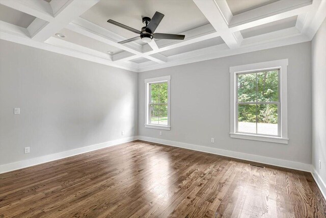 unfurnished room featuring beamed ceiling, baseboards, dark wood-style flooring, and coffered ceiling