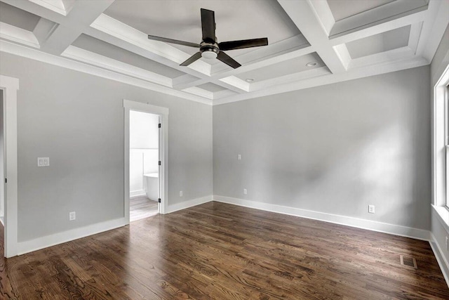 empty room featuring dark wood finished floors, baseboards, coffered ceiling, and ceiling fan