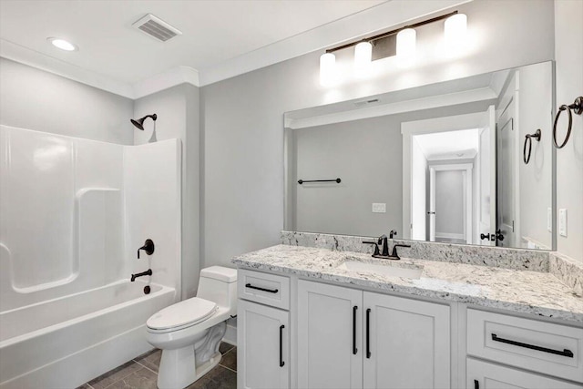 bathroom featuring visible vents, toilet, ornamental molding, bathtub / shower combination, and vanity