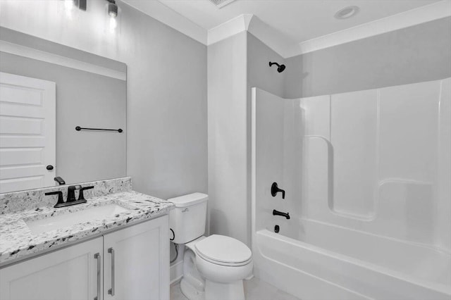 full bathroom with ornamental molding, vanity, toilet, and bathtub / shower combination