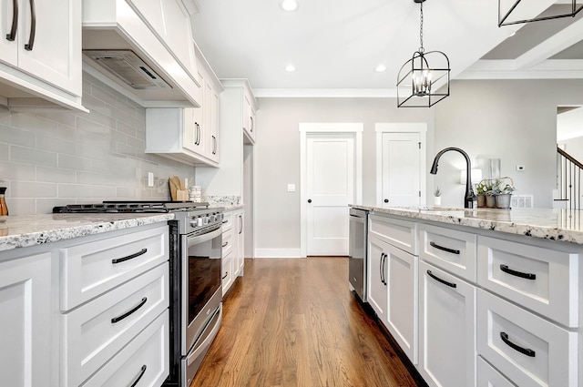 kitchen featuring custom range hood, dark hardwood / wood-style flooring, stainless steel range, and white cabinets