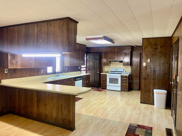 kitchen featuring light wood-type flooring, white appliances, sink, kitchen peninsula, and wood walls