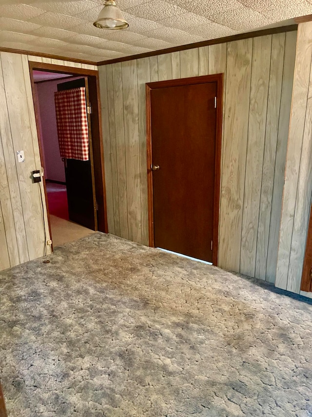 carpeted spare room with a textured ceiling and wood walls