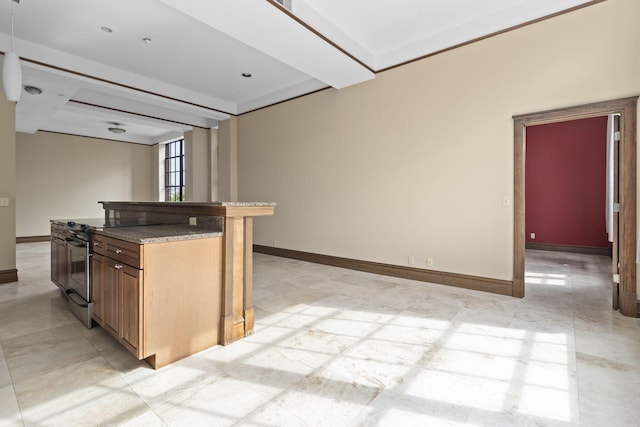 kitchen with stainless steel electric range oven and a kitchen island