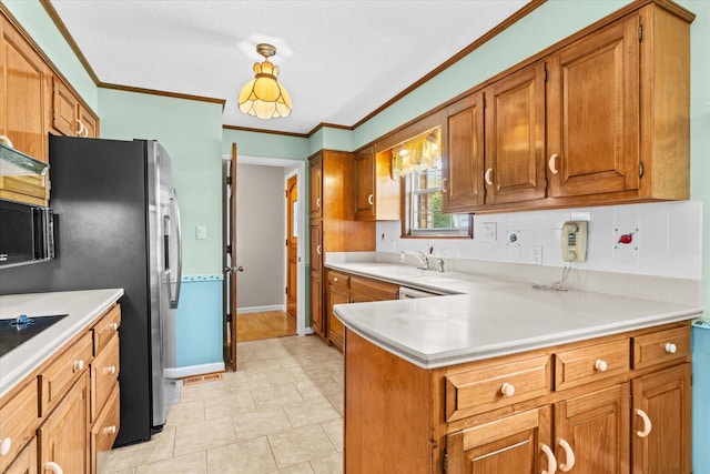 kitchen featuring light tile patterned floors, decorative backsplash, ornamental molding, and sink