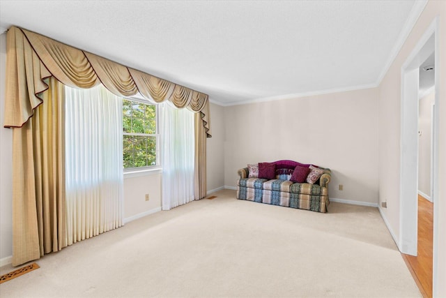 living area featuring carpet, a textured ceiling, and ornamental molding