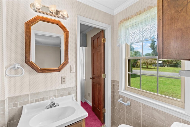 bathroom with ornamental molding and vanity