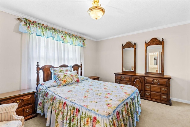 bedroom with crown molding, a textured ceiling, and light colored carpet