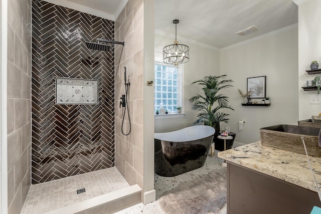 bathroom with separate shower and tub, crown molding, vanity, and a notable chandelier