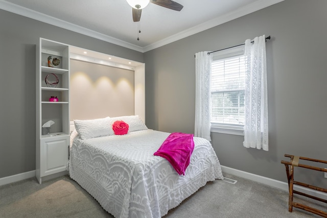 bedroom with light colored carpet, ceiling fan, and ornamental molding