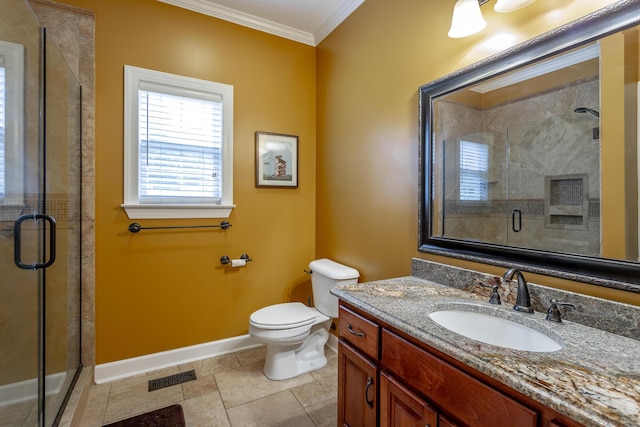 bathroom featuring vanity, toilet, walk in shower, and ornamental molding