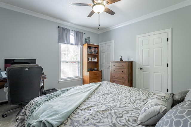 bedroom with ceiling fan and ornamental molding