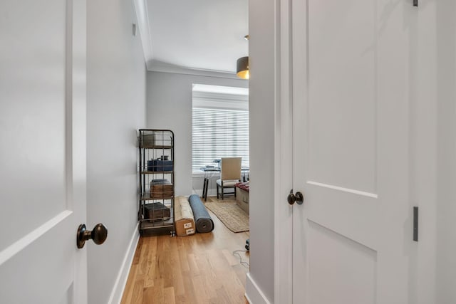 interior space featuring crown molding and light hardwood / wood-style flooring