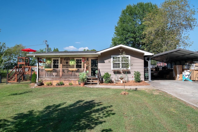 view of front of home with covered porch, concrete driveway, and a front yard