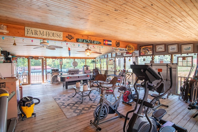 interior space with ceiling fan, wood ceiling, a wealth of natural light, and light hardwood / wood-style floors